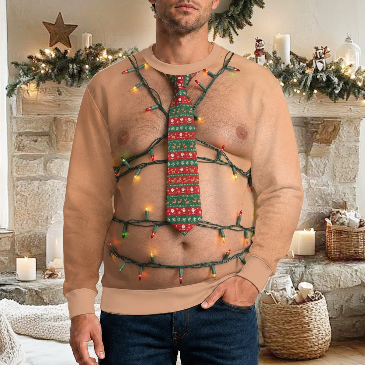 Man modeling the hairy chest and tie holiday sweater