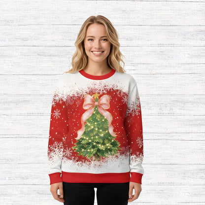 Lifestyle view of a person wearing the red ugly christmas sweater during a holiday gathering