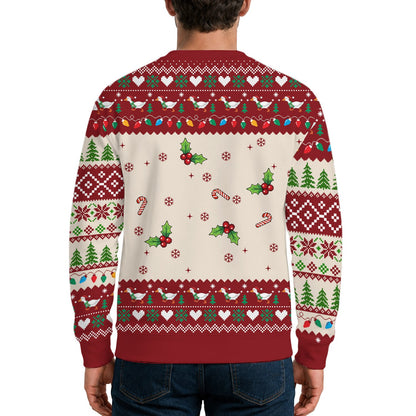Third lifestyle view of the christmas ugly sweater in a winter setting