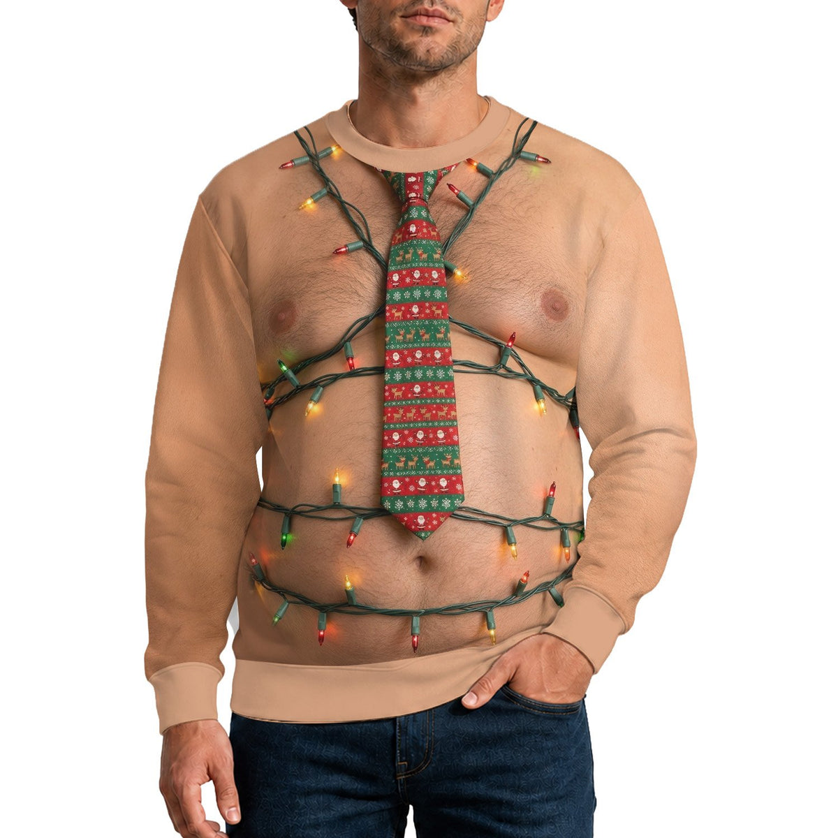 Festive lifestyle shot of the hilarious hairy chest ugly sweater