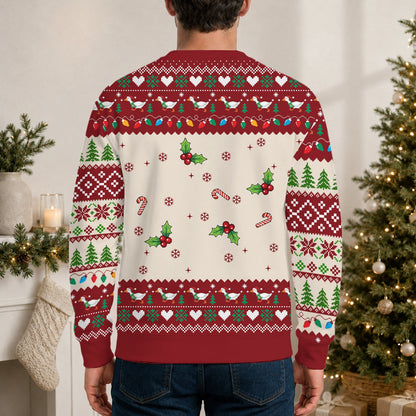 Fourth lifestyle view of the festive goose holiday sweater