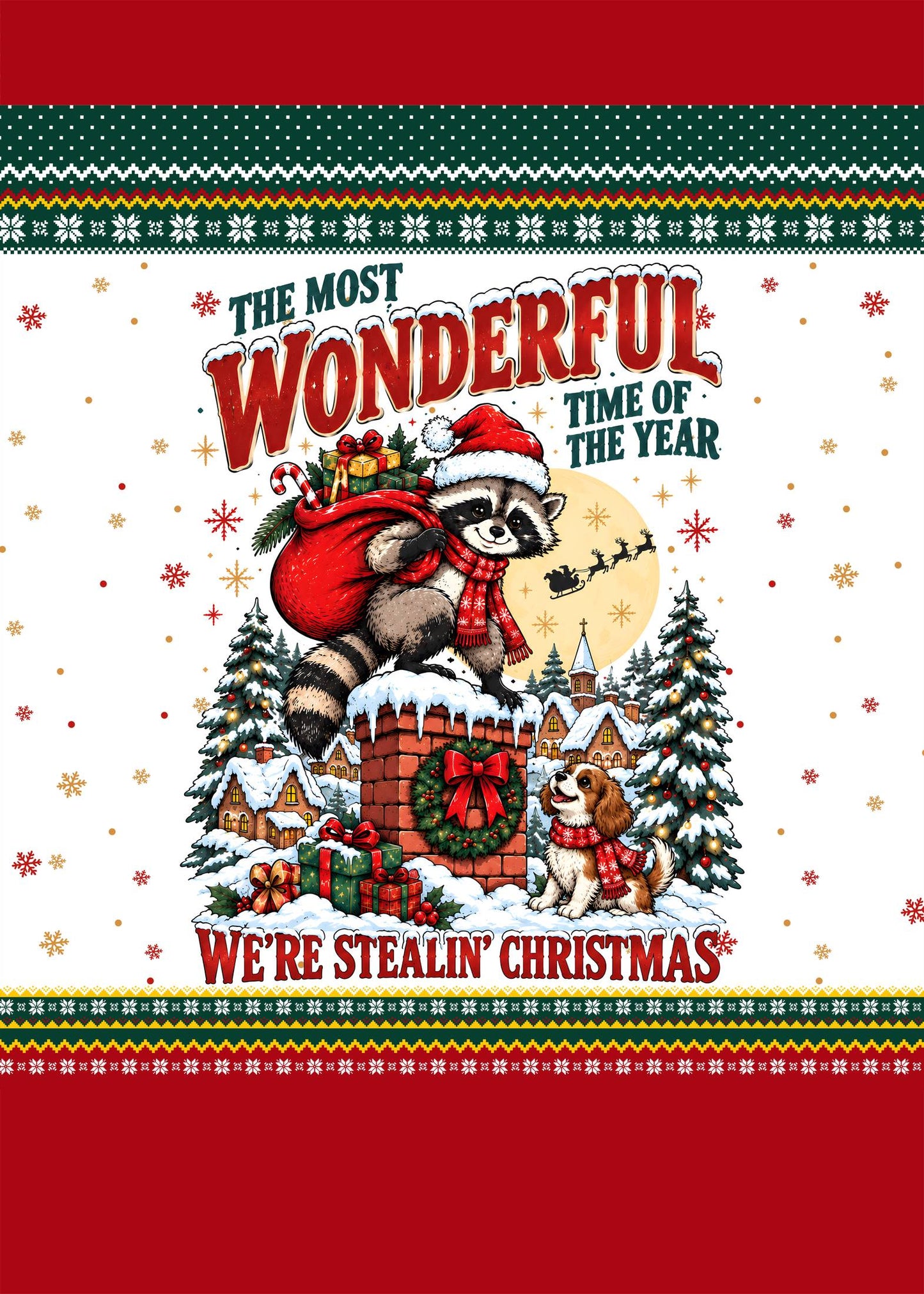 Lifestyle view of a person wearing the raccoon stealing Christmas ugly sweater