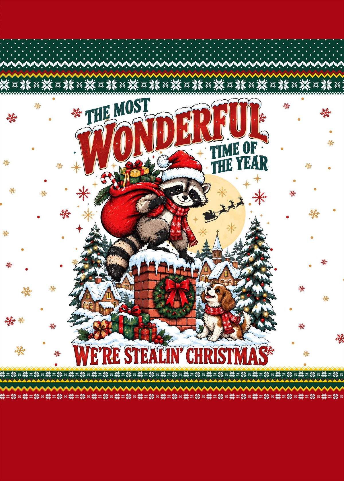 Lifestyle view of a person wearing the raccoon stealing Christmas ugly sweater