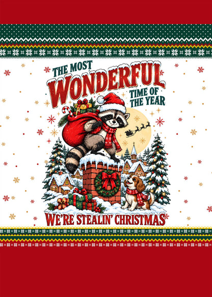 Lifestyle view of a person wearing the raccoon stealing Christmas ugly sweater