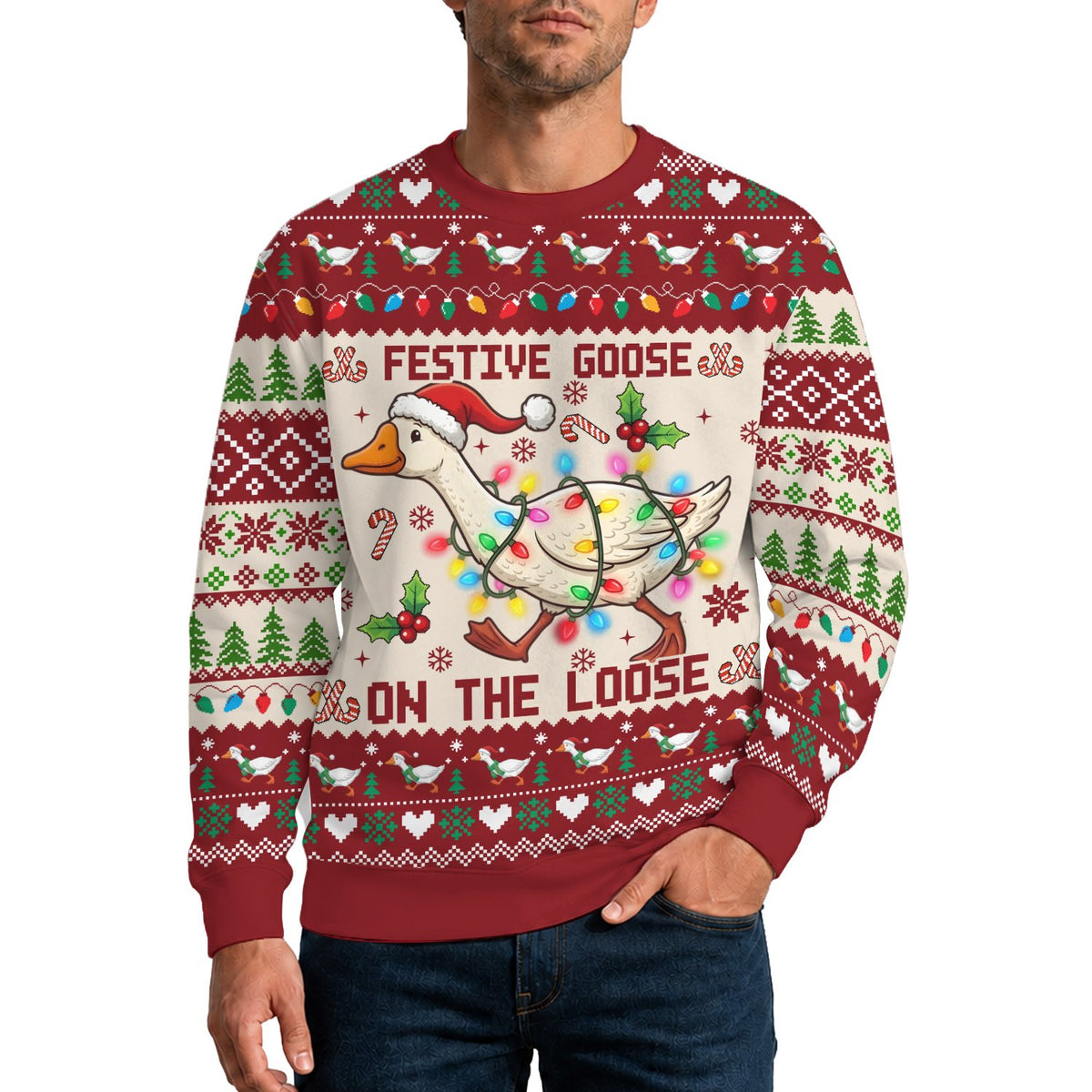 Lifestyle view of an adult wearing the festive goose christmas ugly sweater