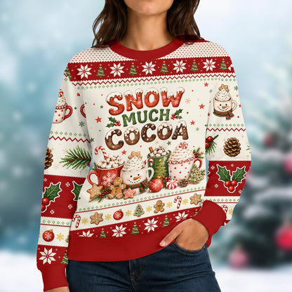 Lifestyle view of someone wearing the Snow Much Cocoa ugly sweater