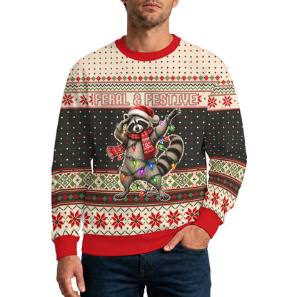 Adult wearing the dabbing raccoon ugly holiday sweater outdoors