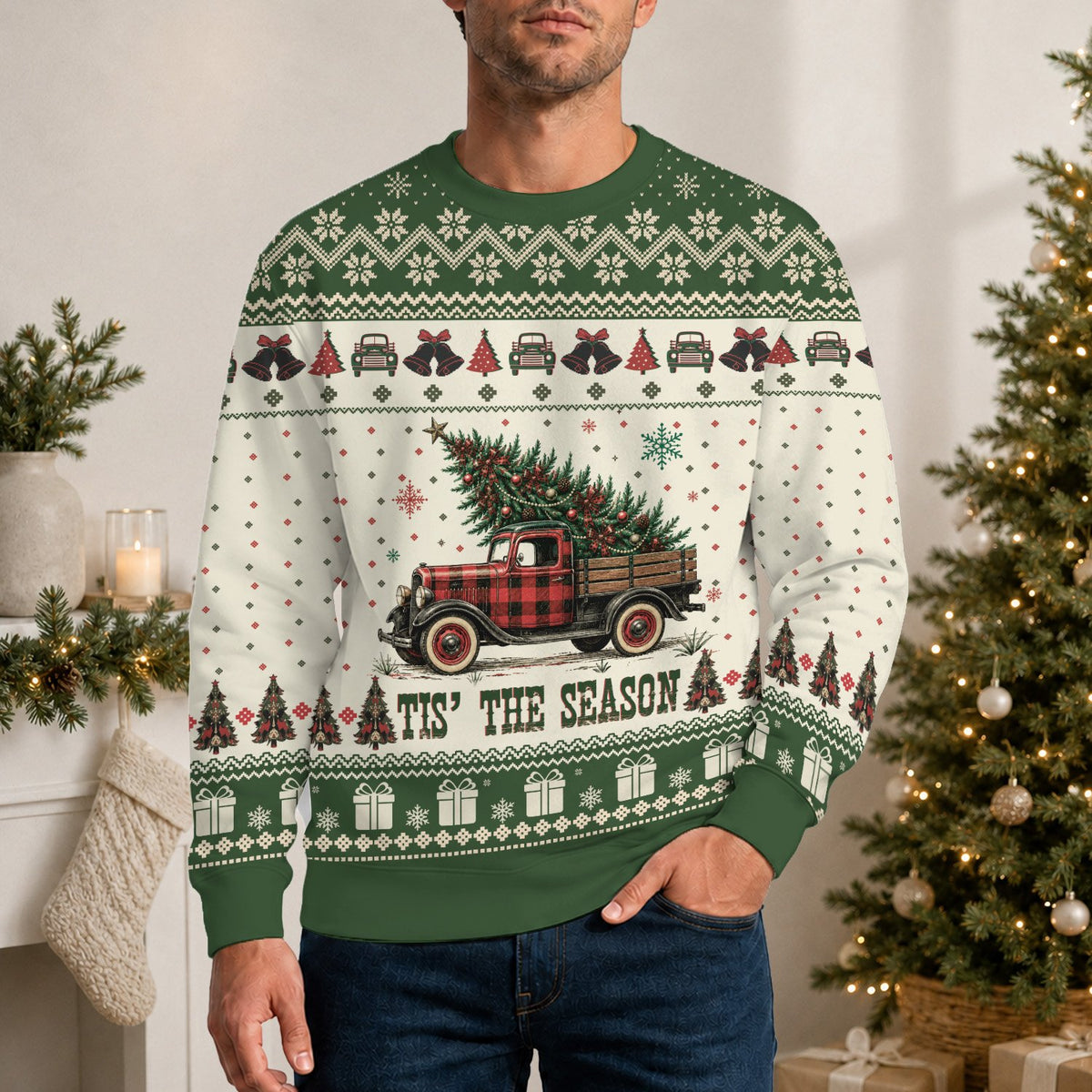 Lifestyle view of a person wearing the beige Christmas ugly sweater with vintage truck design