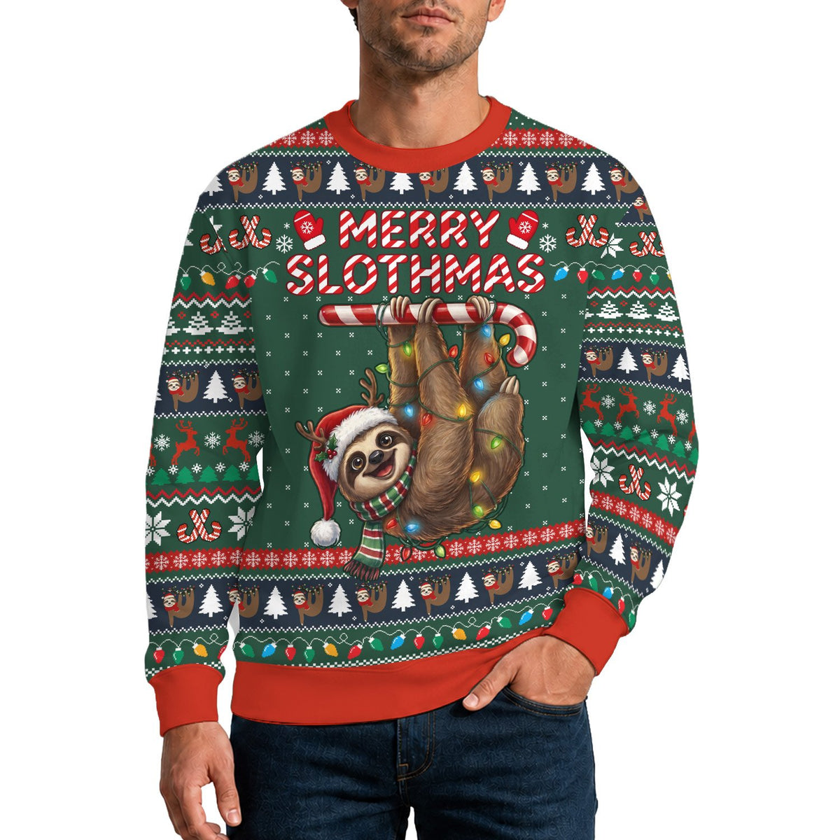 Lifestyle view of an adult wearing the Merry Slothmas christmas ugly sweater