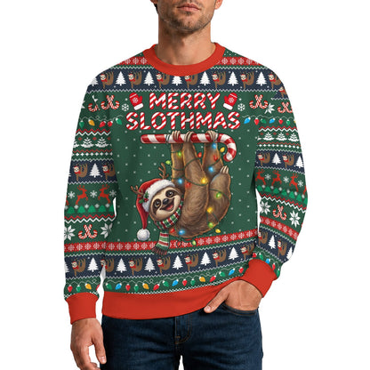 Lifestyle view of an adult wearing the Merry Slothmas christmas ugly sweater