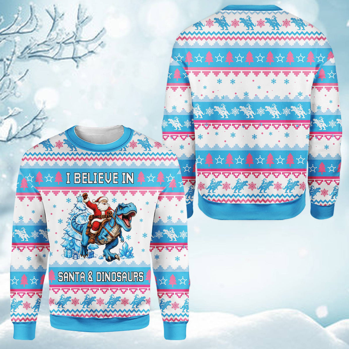 Lifestyle view of an adult wearing the white christmas ugly sweater
