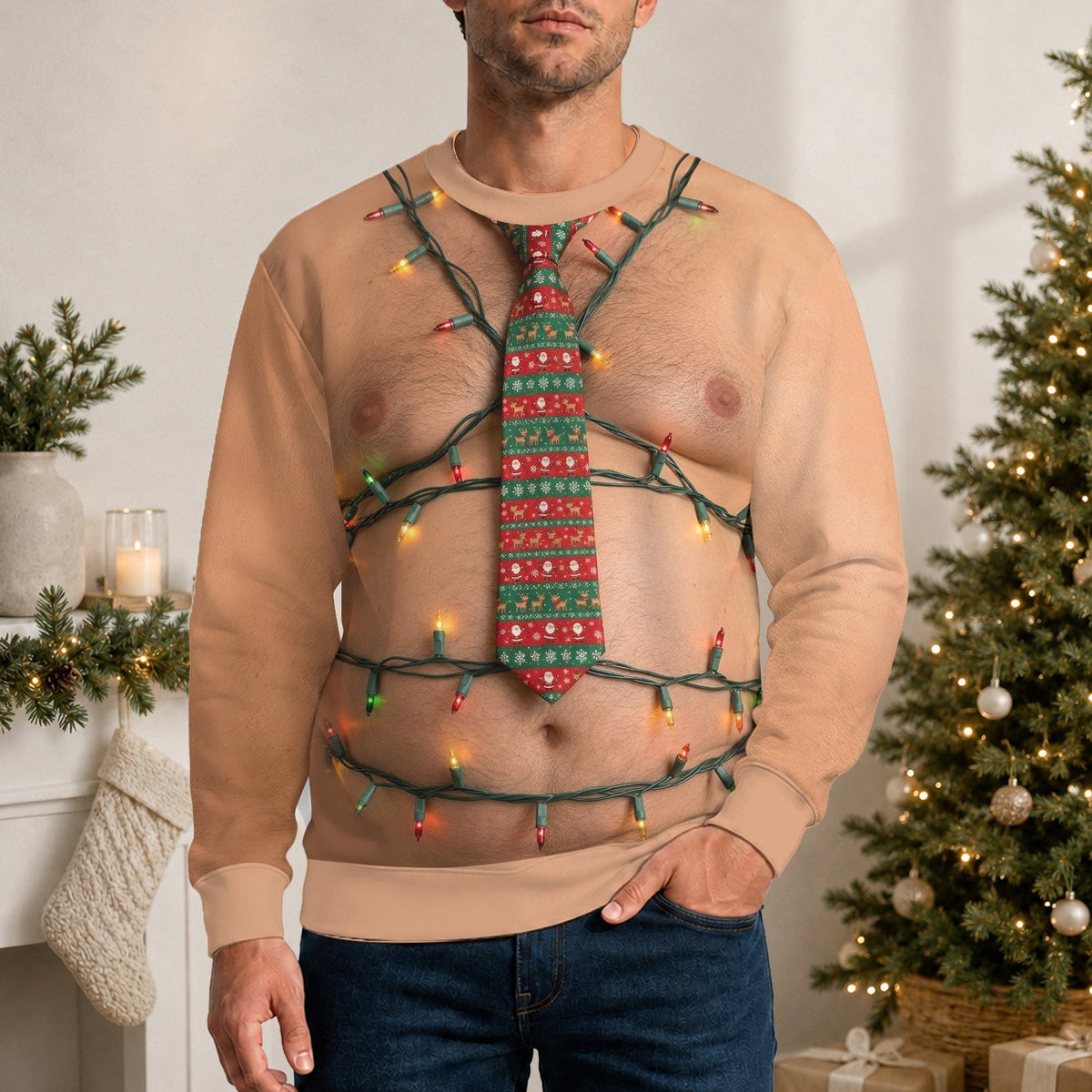 Lifestyle view of the ugly sweater photo booth outfit
