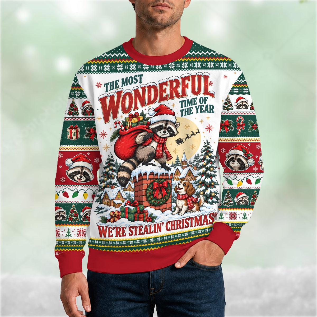 Final alternate view of the festive raccoon ugly sweater