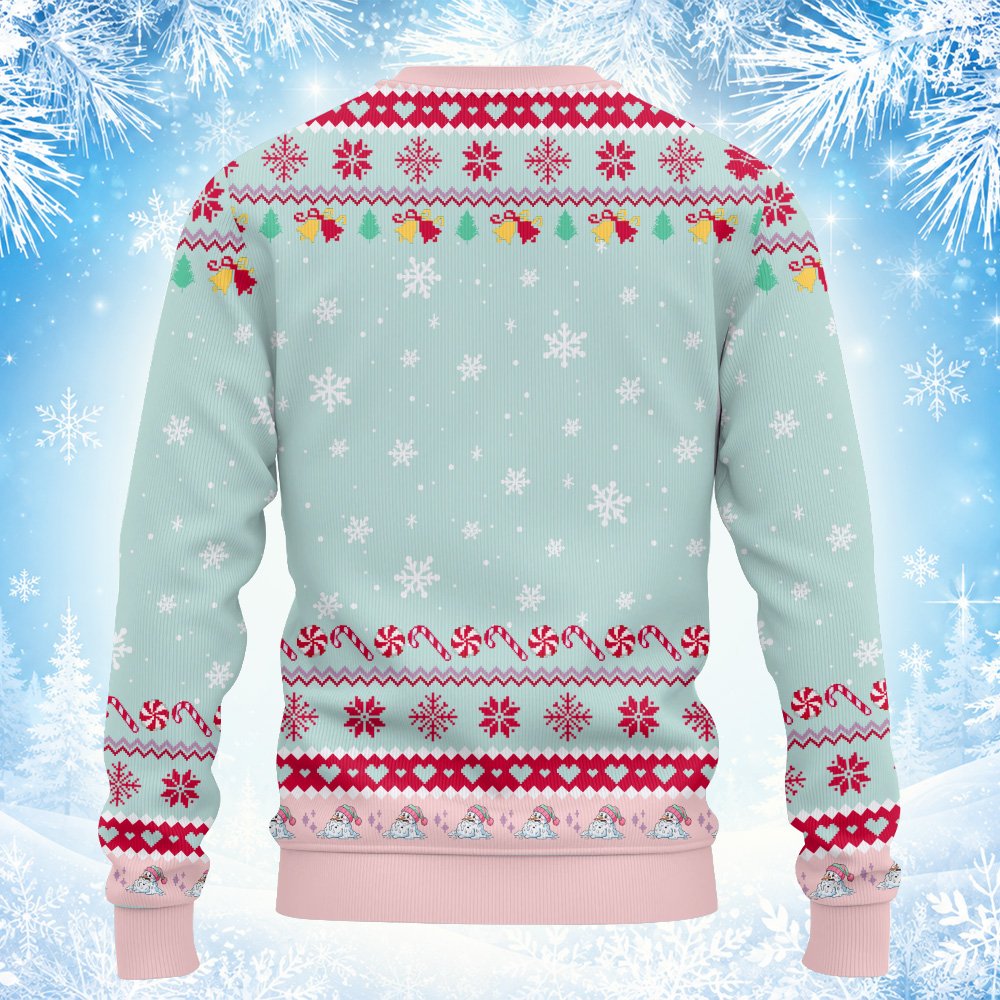 Flat lay view showing the entire front design of the melting snowman ugly christmas sweater