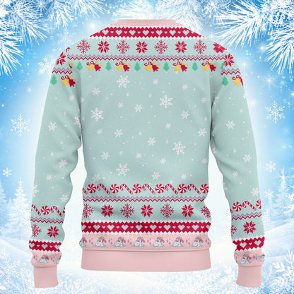 Flat lay view showing the entire front design of the melting snowman ugly christmas sweater