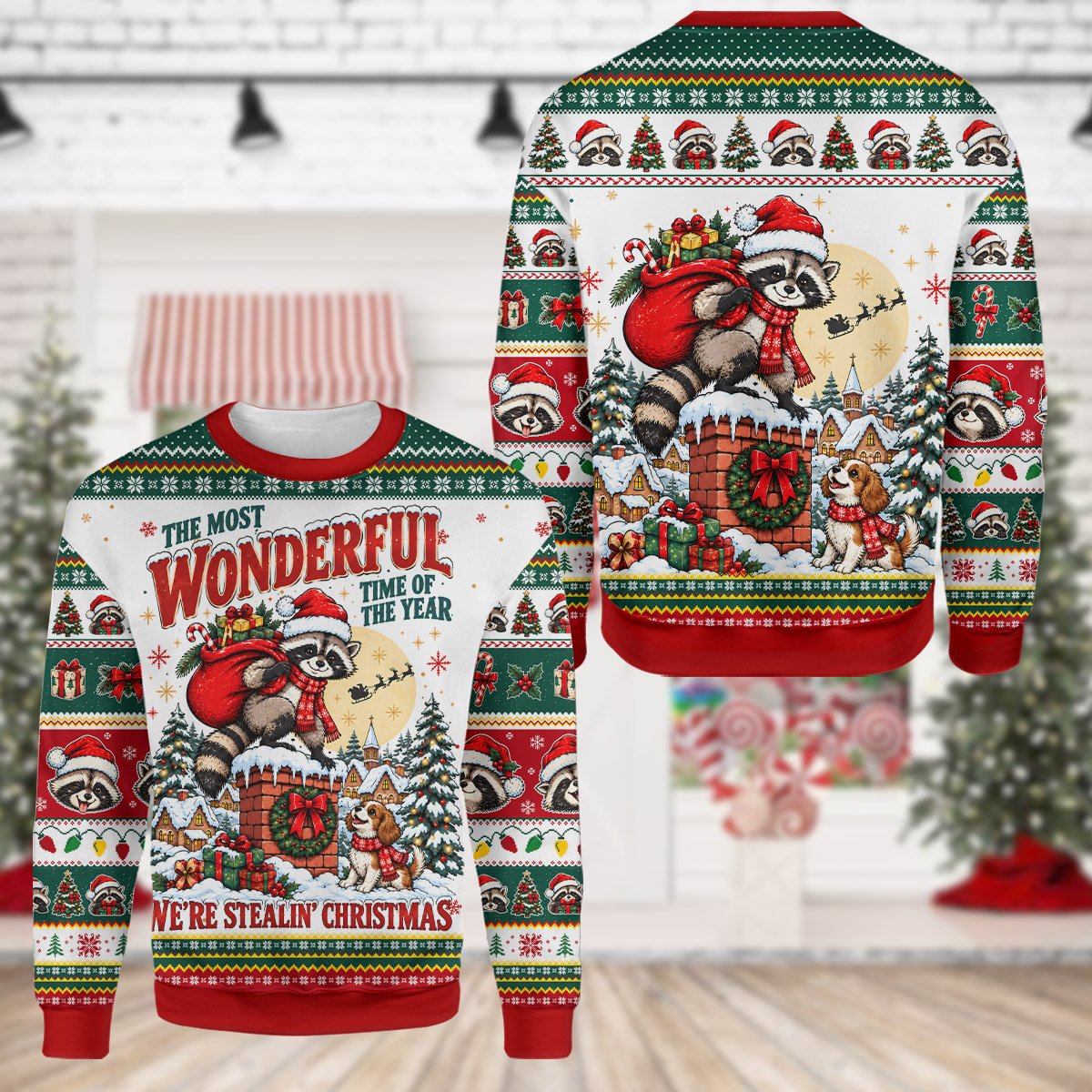 Alternate angle view of the holiday ugly sweater design