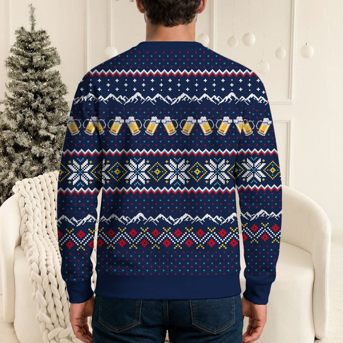 Detailed back view of the holiday sweater pattern