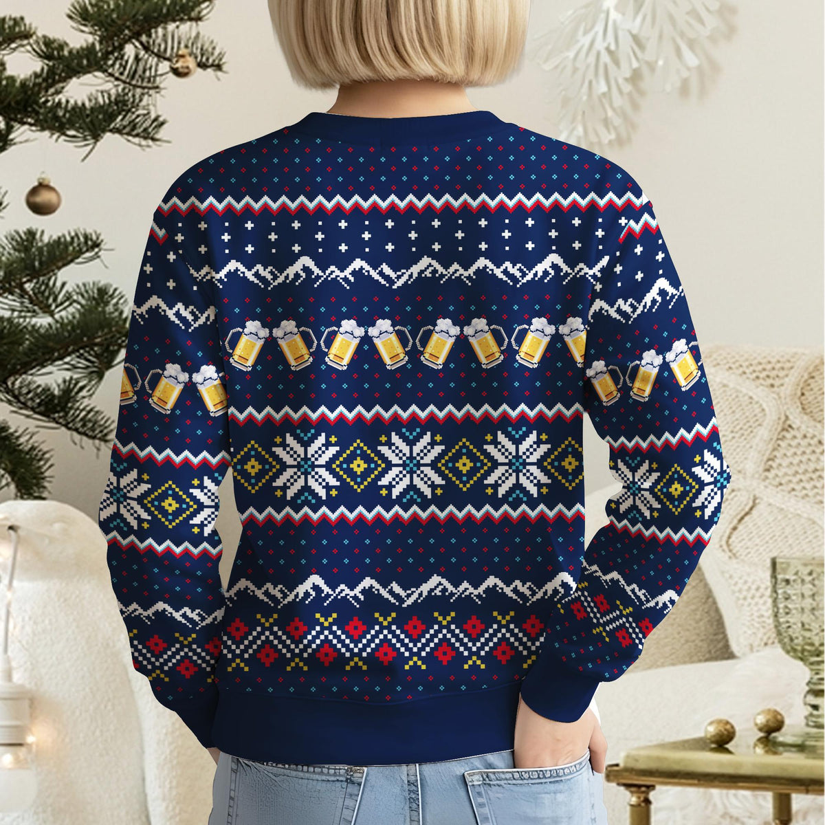 Back view of the navy christmas ugly sweater showing fair isle pattern