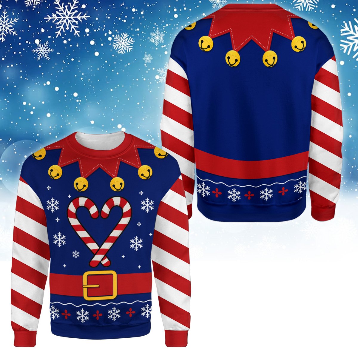 Close-up front view of the navy ugly christmas sweater showing the detailed printed jingle bells and snowflakes