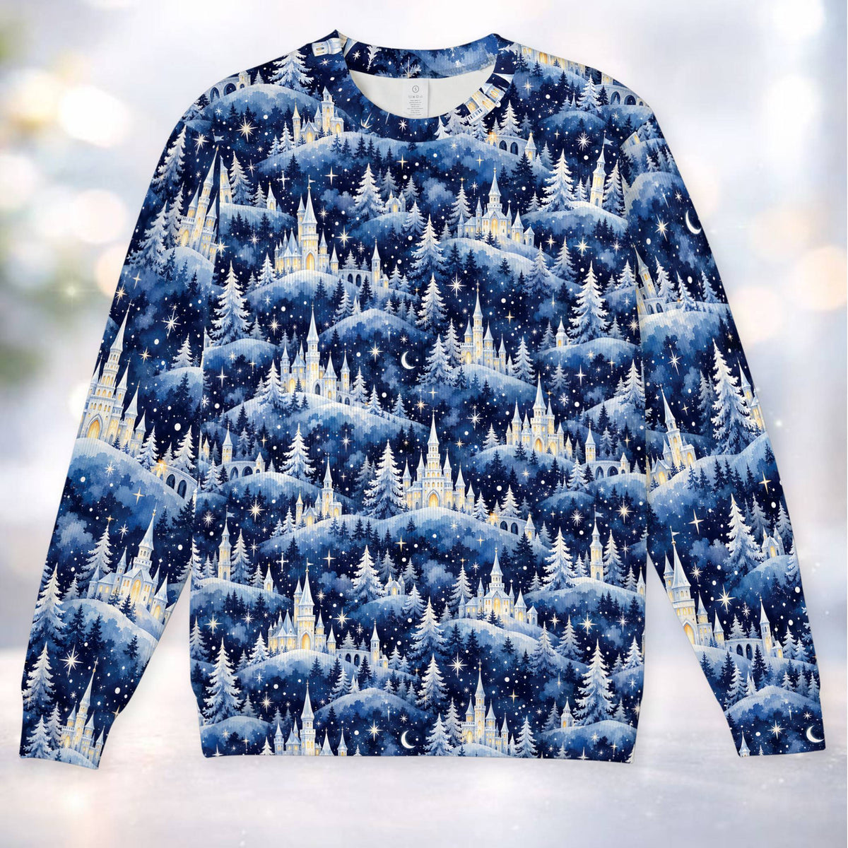 Navy holiday ugly sweater with snowy winter village and pine trees, front view