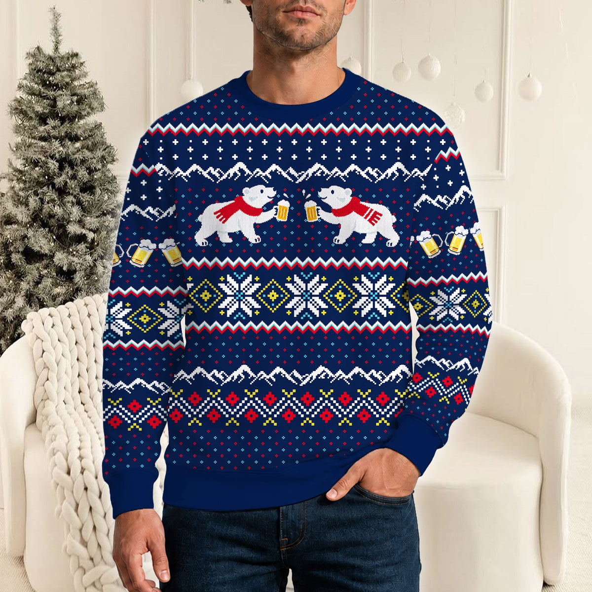 Front view of the navy christmas ugly sweater with polar bear design
