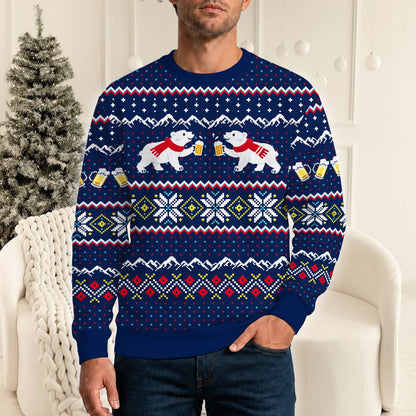 Front view of the navy christmas ugly sweater with polar bear design