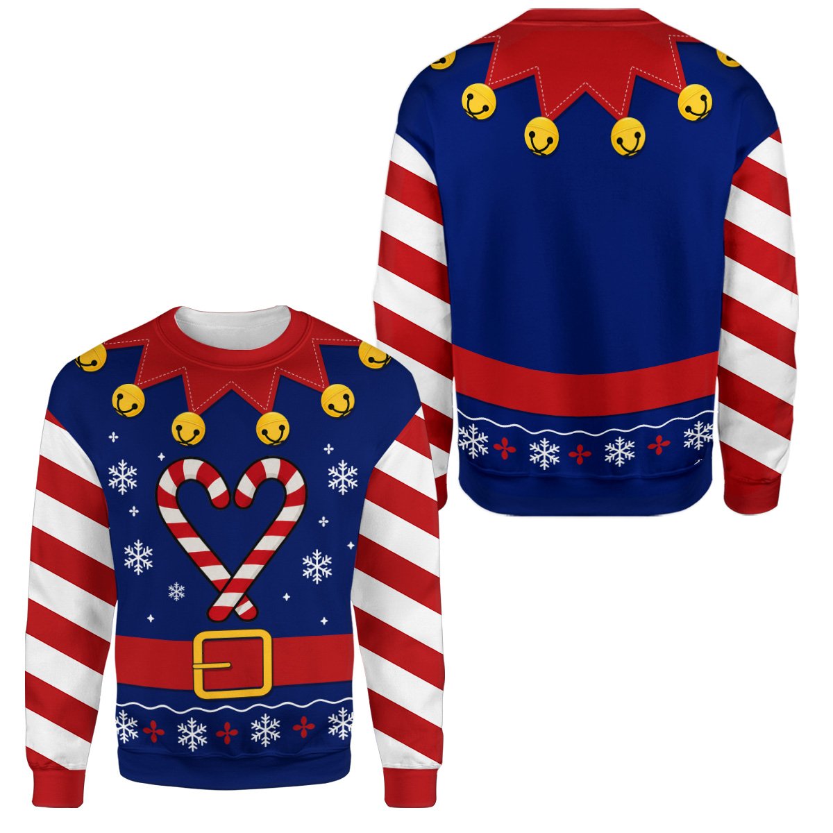 Front view of the navy ugly christmas sweater with printed candy canes, snowflakes, and a red belt design