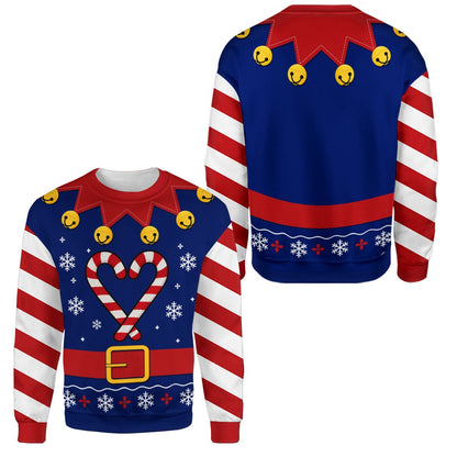 Front view of the navy ugly christmas sweater with printed candy canes, snowflakes, and a red belt design