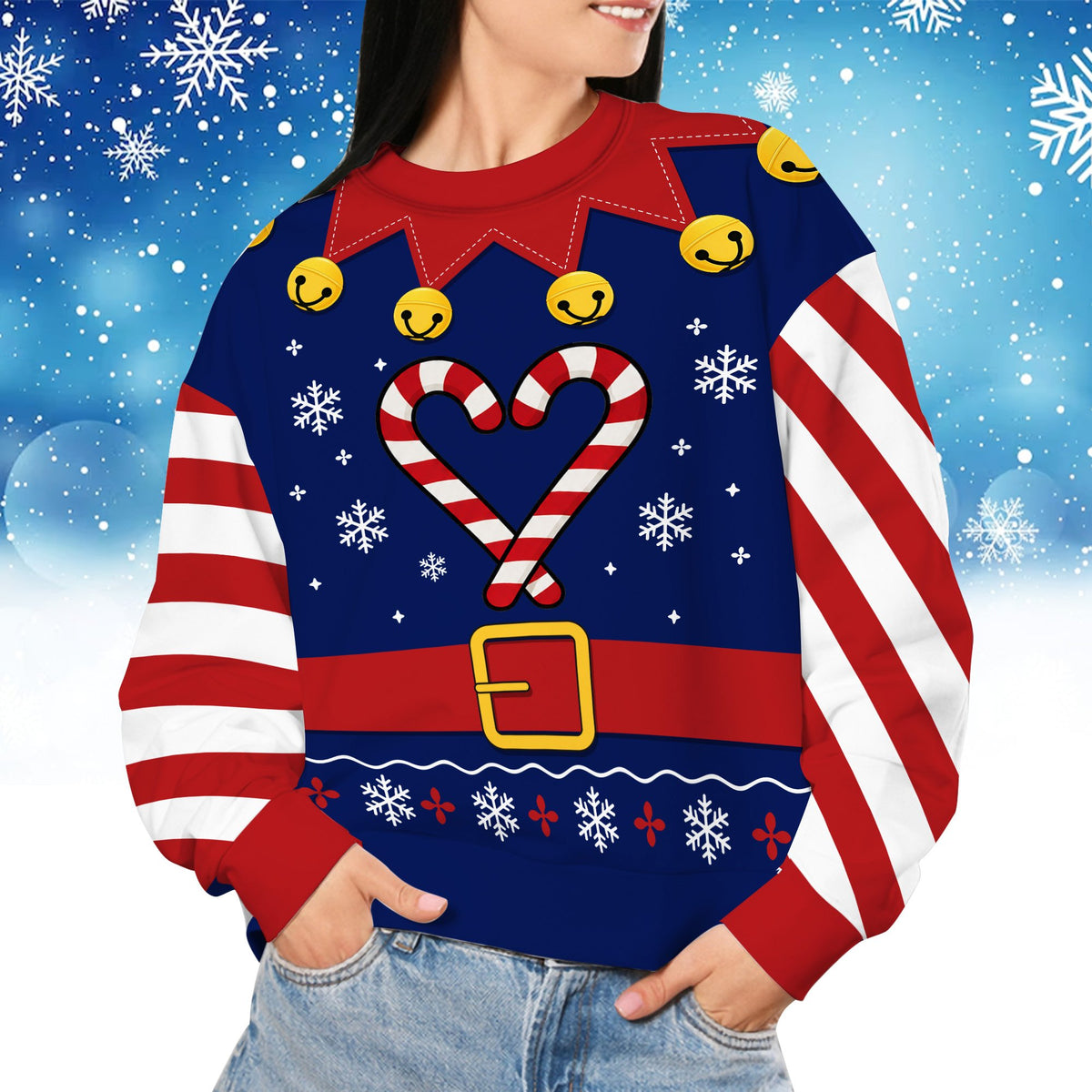 Lifestyle view of someone in the festive holiday ugly sweater pointing to the side