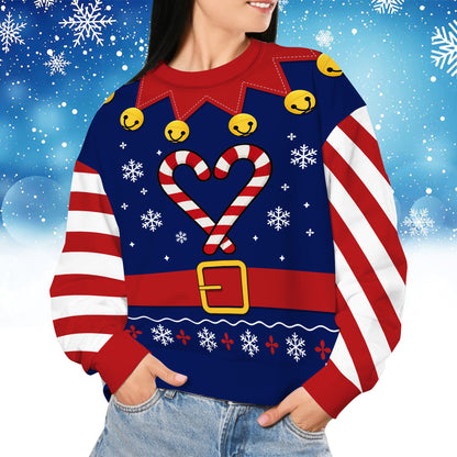 Lifestyle view of someone in the festive holiday ugly sweater pointing to the side