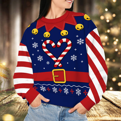 Lifestyle view of a person smiling while wearing the navy blue ugly christmas sweater