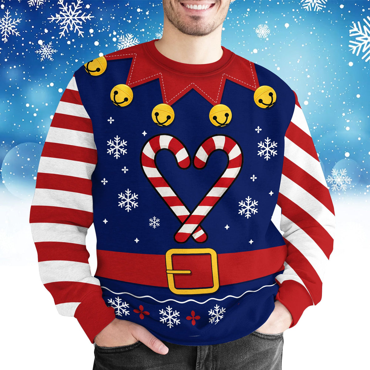 Lifestyle view showing the candy cane striped sleeves of the navy ugly christmas sweater