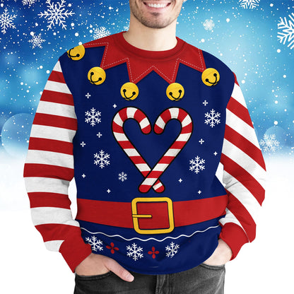 Lifestyle view showing the candy cane striped sleeves of the navy ugly christmas sweater
