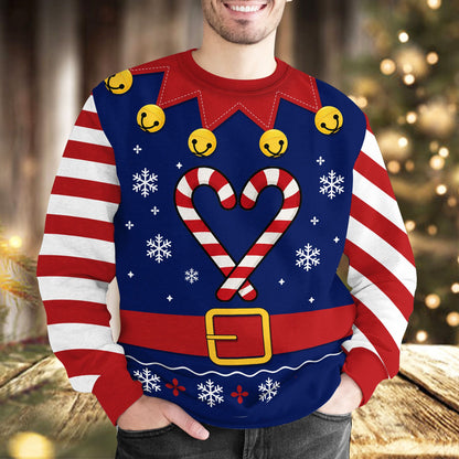 Lifestyle view of the back and side of the navy ugly christmas sweater being worn