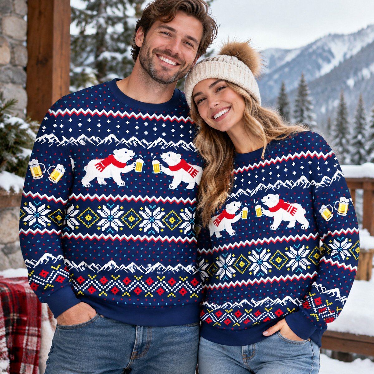Lifestyle view of a person wearing the navy christmas ugly sweater