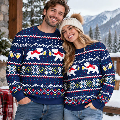 Lifestyle view of a person wearing the navy christmas ugly sweater