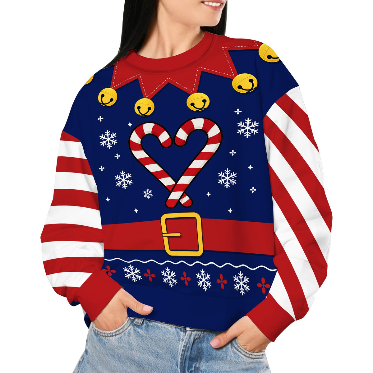 Lifestyle view of a person wearing the navy ugly christmas sweater indoors