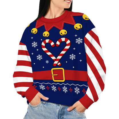 Lifestyle view of a person wearing the navy ugly christmas sweater indoors