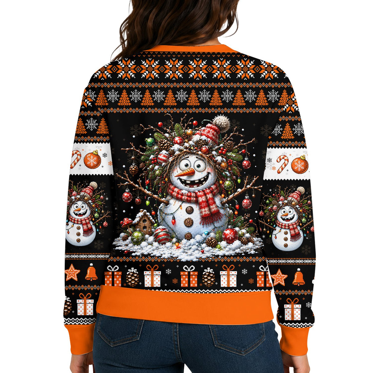 Orange chaotic snowman ugly holiday sweater, front view