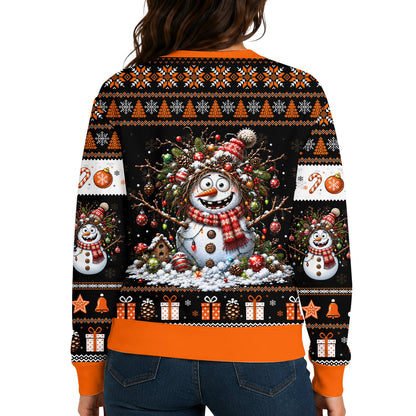 Orange chaotic snowman ugly holiday sweater, front view