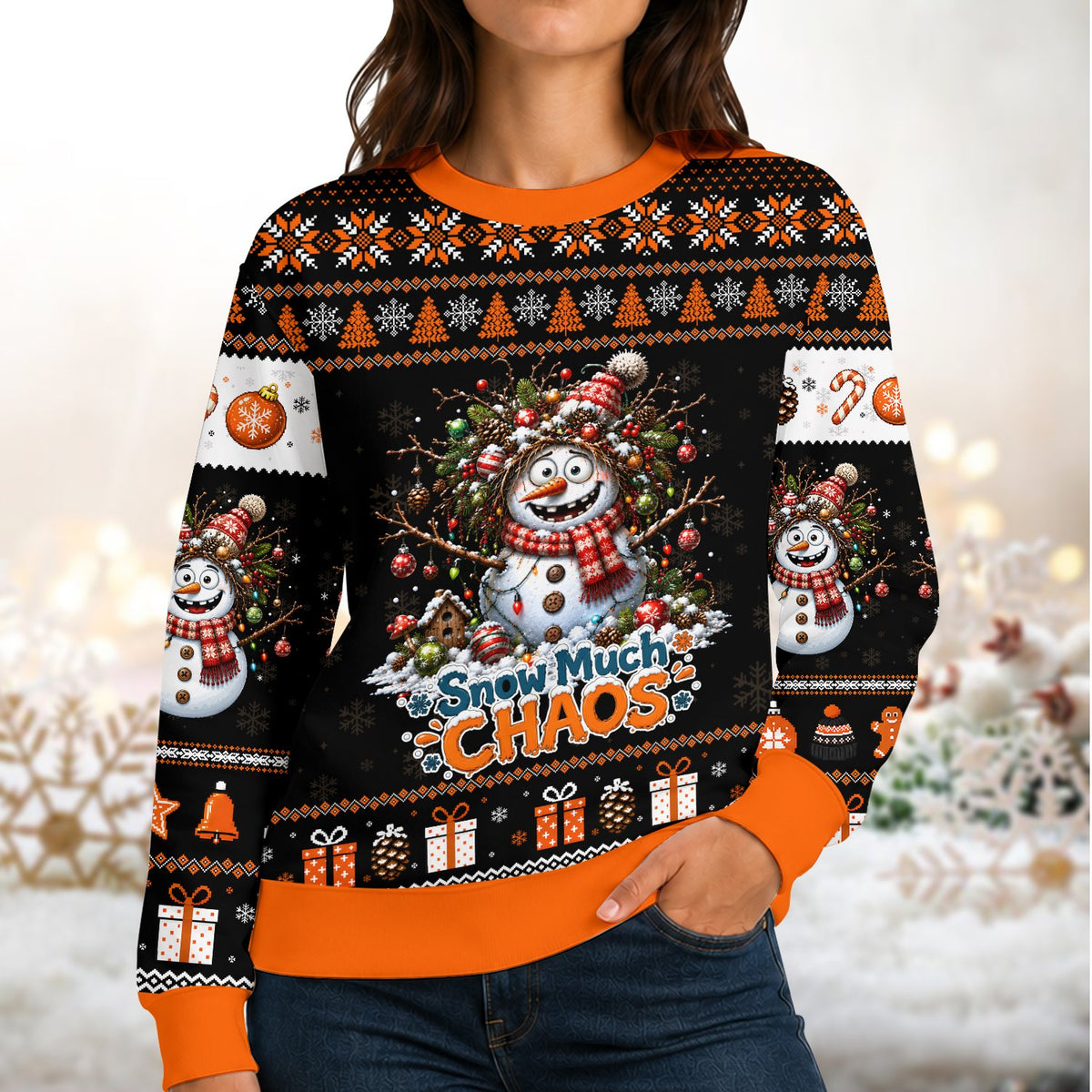 Adult wearing the orange chaotic snowman ugly holiday sweater, second lifestyle view