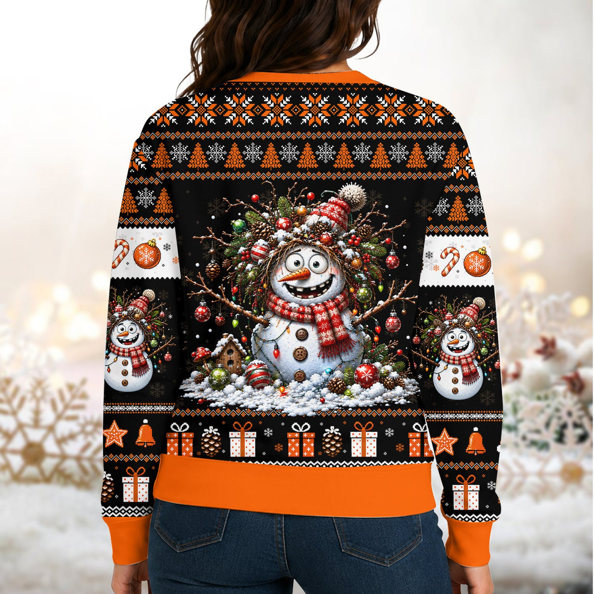 Adult wearing the orange chaotic snowman ugly holiday sweater, lifestyle view
