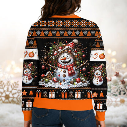 Adult wearing the orange chaotic snowman ugly holiday sweater, lifestyle view