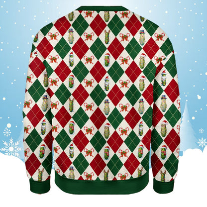 Close-up back view highlighting the green, red, and cream colors