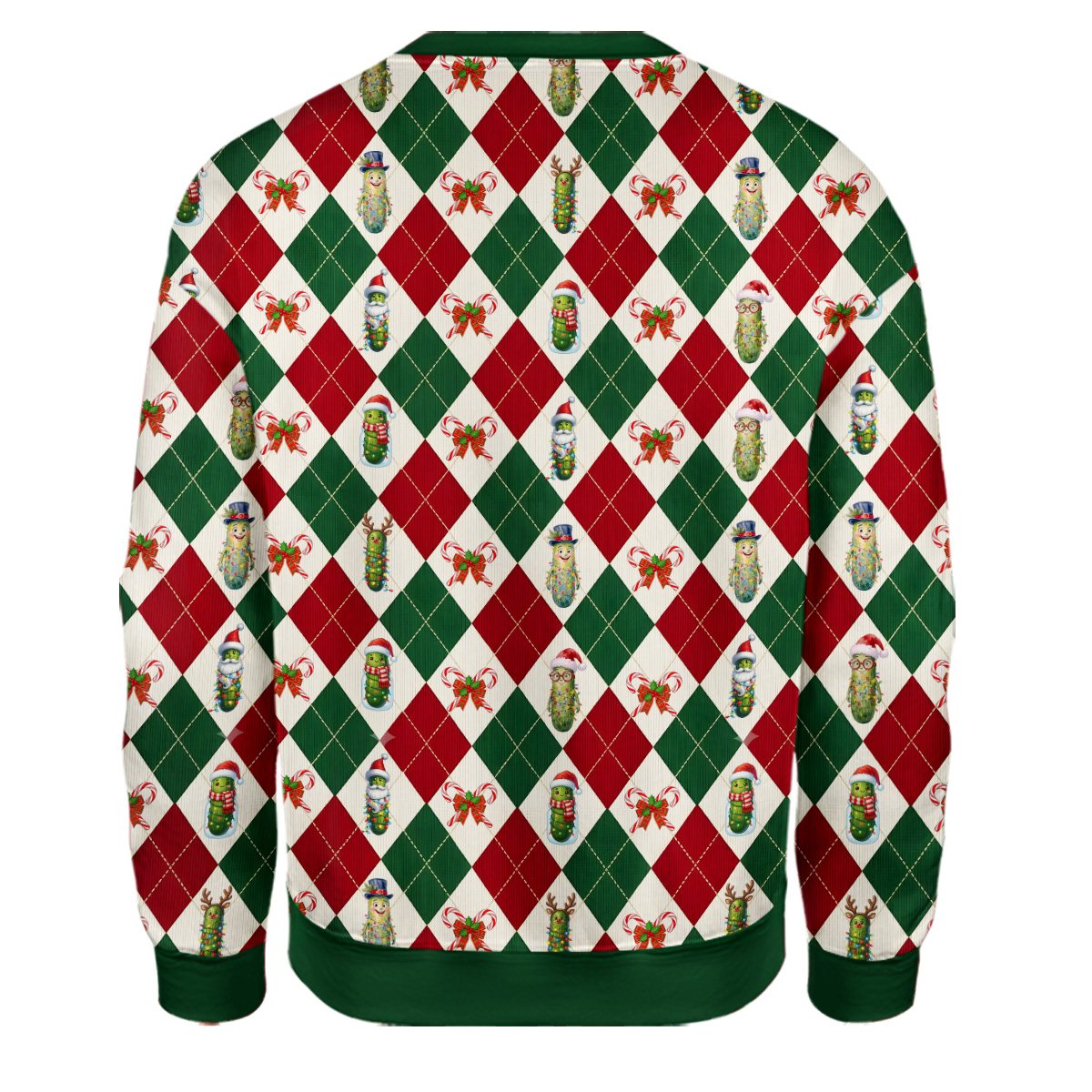 Final back view of the festive pickle argyle sweater