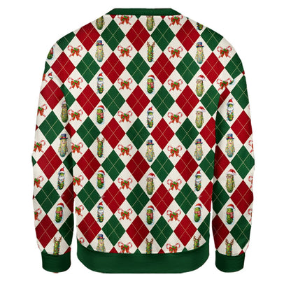 Final back view of the festive pickle argyle sweater