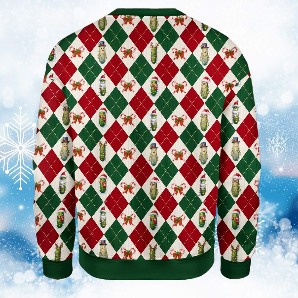 Back view of the Christmas pickle ugly sweater