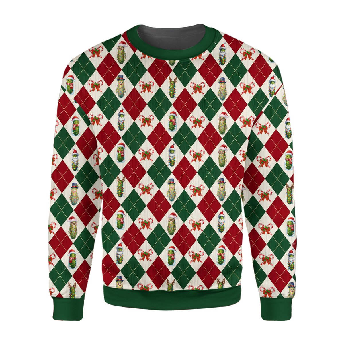 Alternative front view of the holiday ugly sweater showing decorated pickles