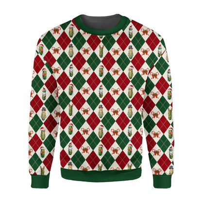 Alternative front view of the holiday ugly sweater showing decorated pickles