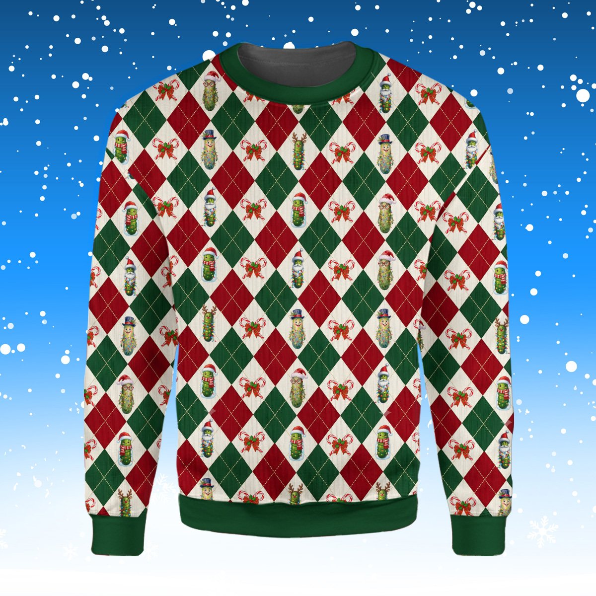 Main view of the christmas pickle ugly sweater featuring a green and red argyle pattern